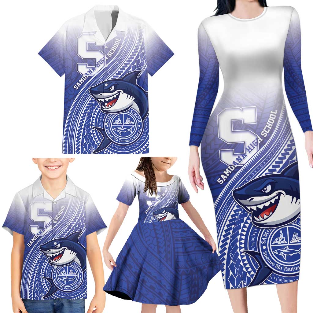 Personalized Samoana High School Family Matching Long Sleeve Bodycon Dress and Hawaiian Shirt Polynesian Tribal Shark LT05 - Polynesian Pride
