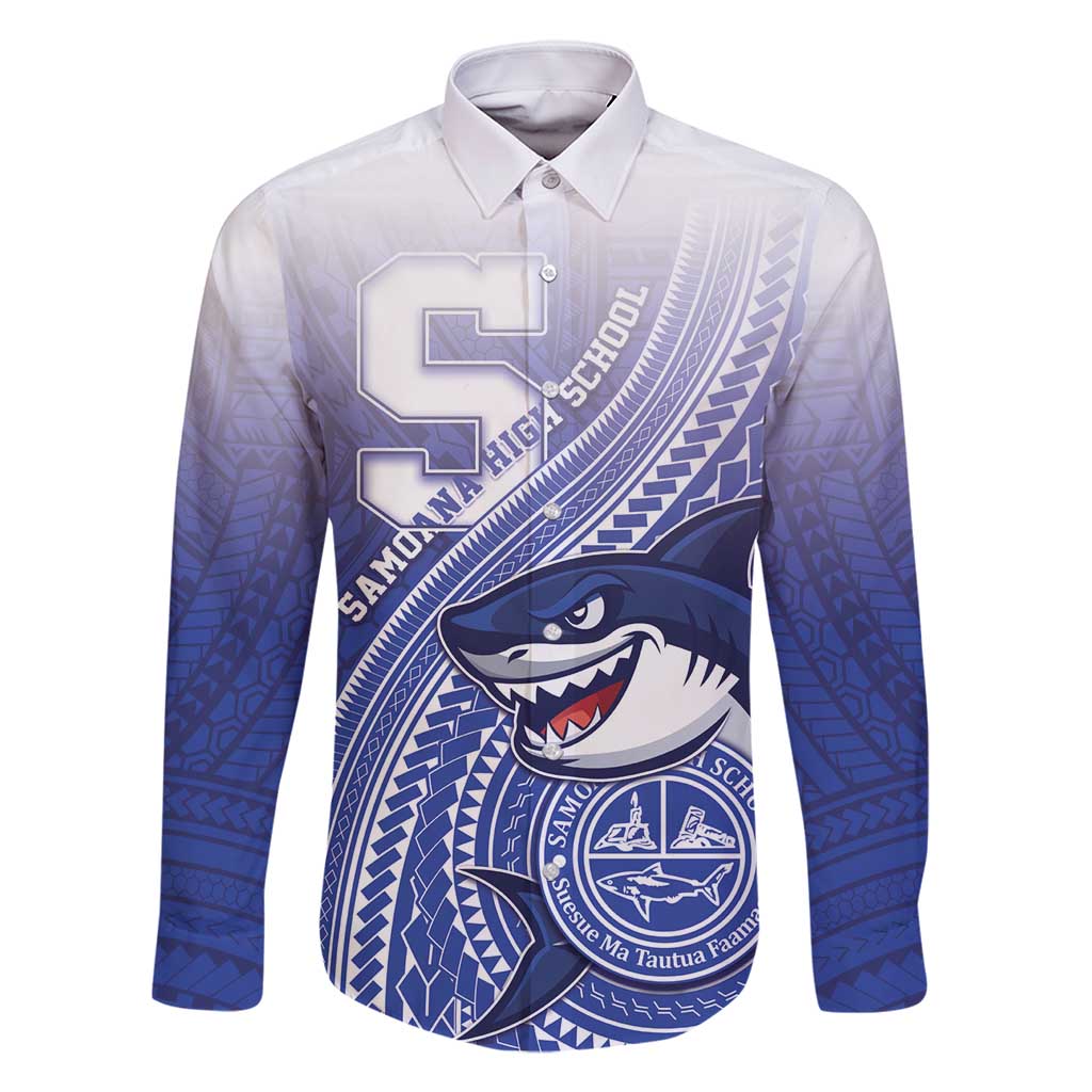 Personalized Samoana High School Family Matching Long Sleeve Bodycon Dress and Hawaiian Shirt Polynesian Tribal Shark LT05 Dad's Shirt - Long Sleeve Blue - Polynesian Pride