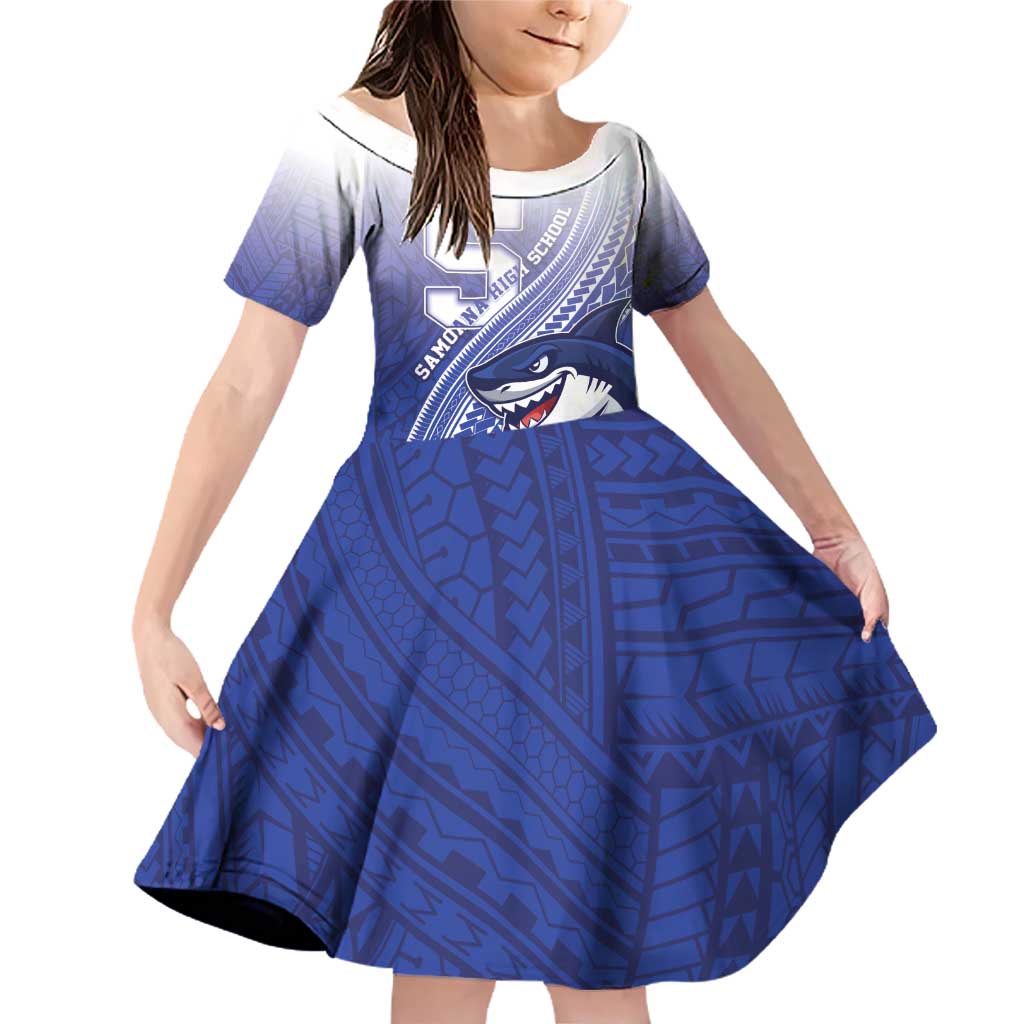 Personalized Samoana High School Family Matching Off Shoulder Short Dress and Hawaiian Shirt Polynesian Tribal Shark LT05 Daughter's Dress Blue - Polynesian Pride