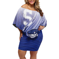 Personalized Samoana High School Family Matching Off Shoulder Short Dress and Hawaiian Shirt Polynesian Tribal Shark LT05 Mom's Dress Blue - Polynesian Pride