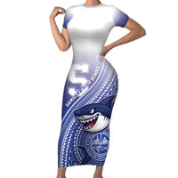 Personalized Samoana High School Family Matching Short Sleeve Bodycon Dress and Hawaiian Shirt Polynesian Tribal Shark LT05 Mom's Dress Blue - Polynesian Pride