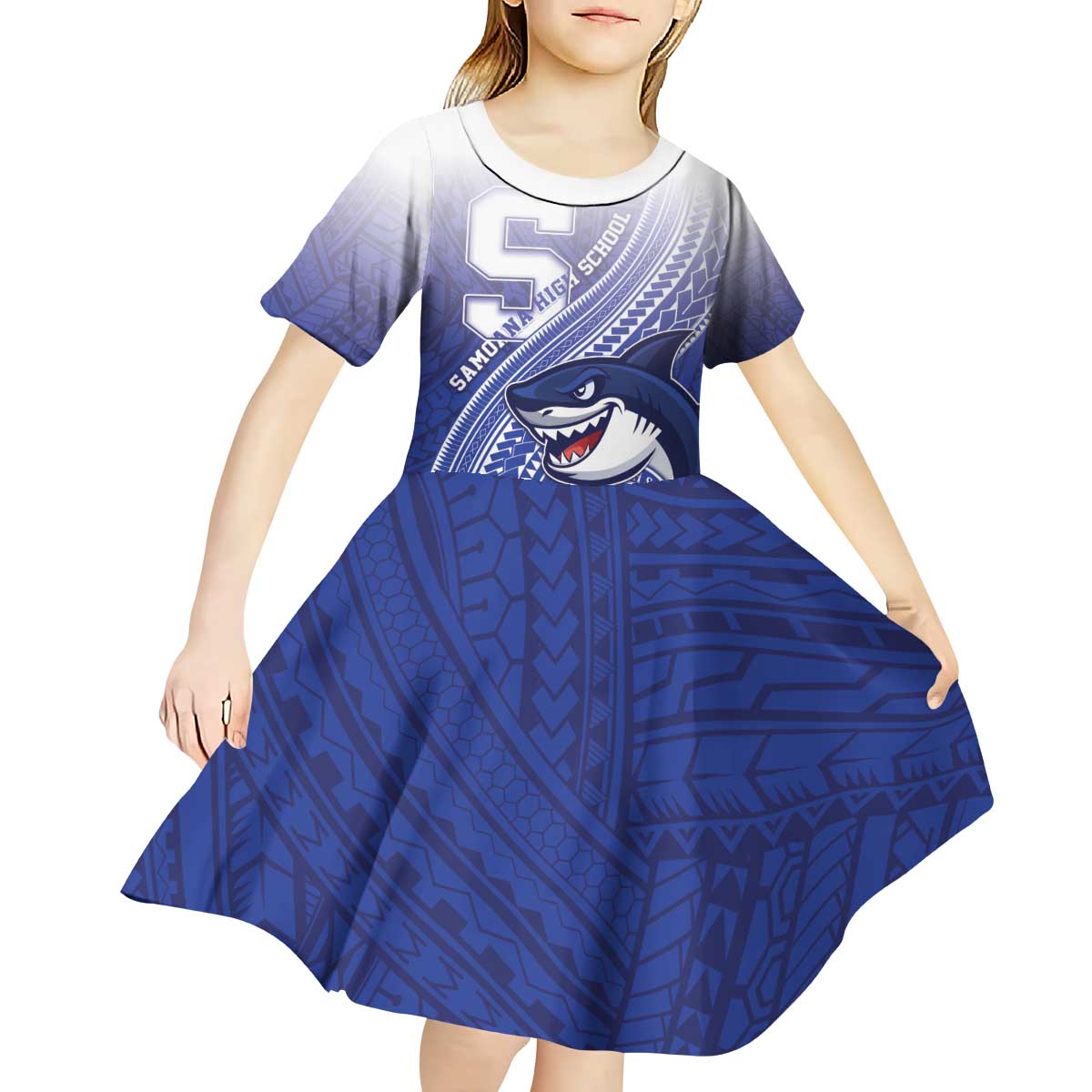 Personalized Samoana High School Kid Short Sleeve Dress Polynesian Tribal Shark