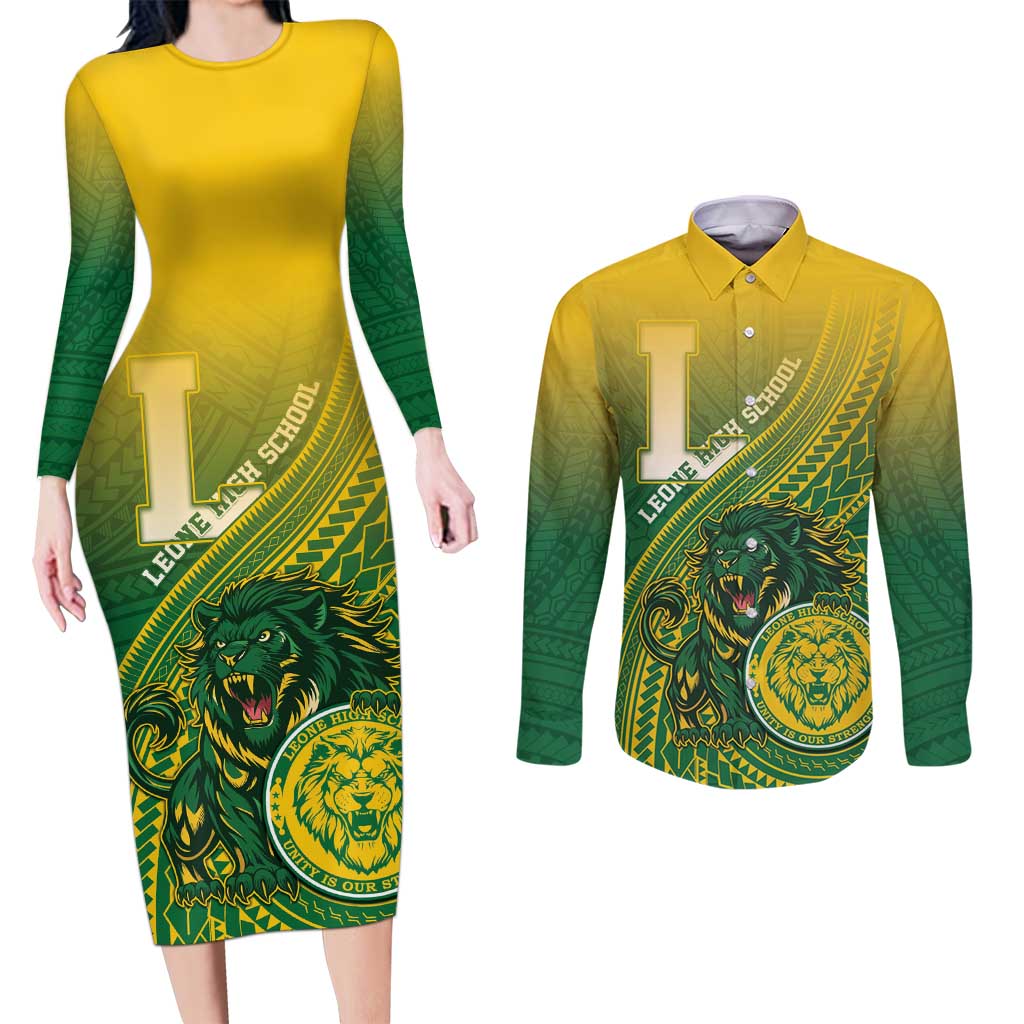 Personalized Leone High School Couples Matching Long Sleeve Bodycon Dress and Long Sleeve Button Shirt Leone Lion LT05 Green - Polynesian Pride