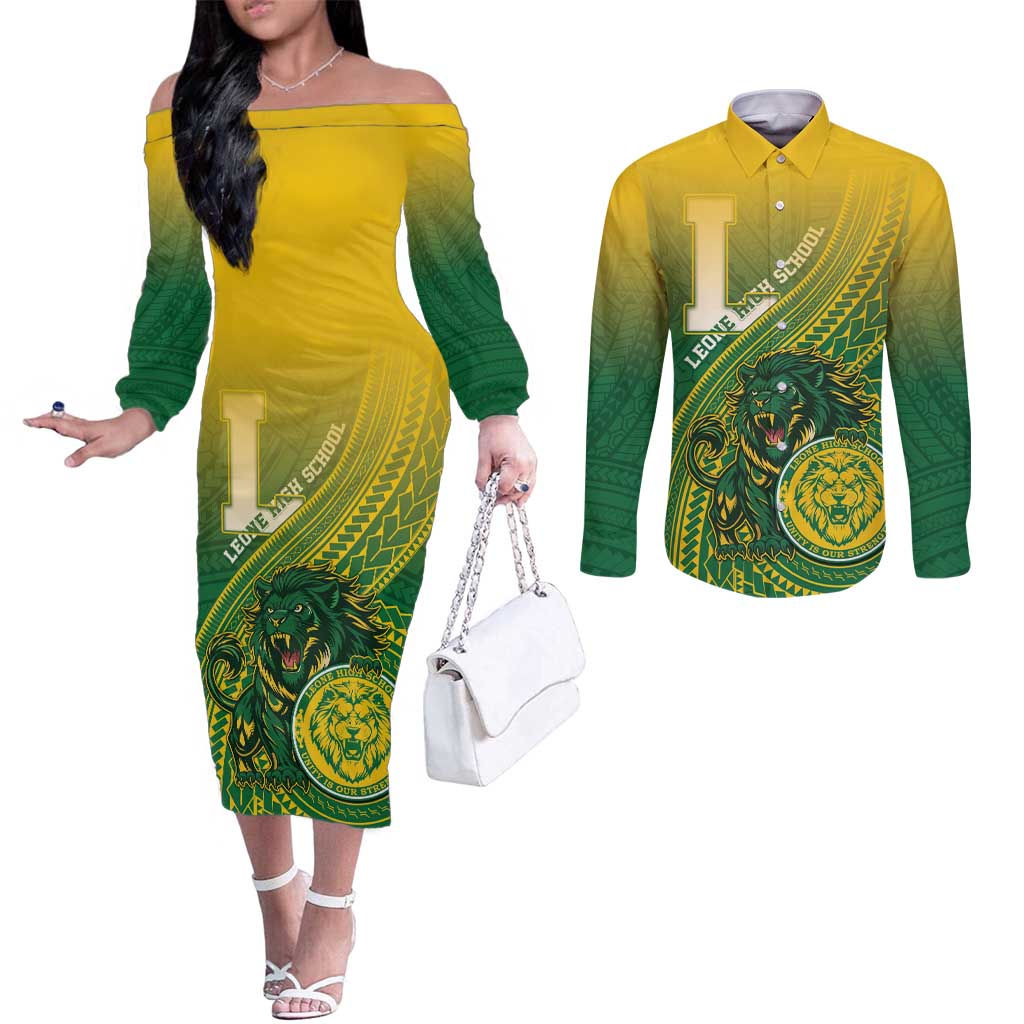 Personalized Leone High School Couples Matching Off The Shoulder Long Sleeve Dress and Long Sleeve Button Shirt Leone Lion LT05 Green - Polynesian Pride
