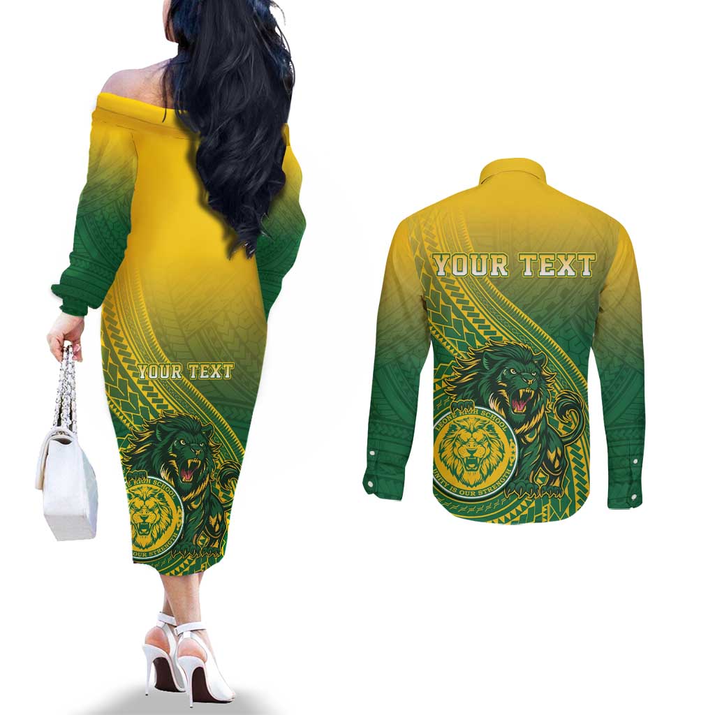 Personalized Leone High School Couples Matching Off The Shoulder Long Sleeve Dress and Long Sleeve Button Shirt Leone Lion