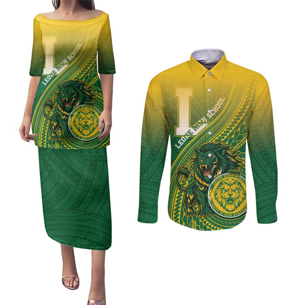 Personalized Leone High School Couples Matching Puletasi and Long Sleeve Button Shirt Leone Lion LT05 Green - Polynesian Pride