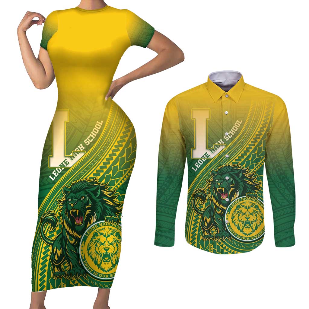 Personalized Leone High School Couples Matching Short Sleeve Bodycon Dress and Long Sleeve Button Shirt Leone Lion LT05 Green - Polynesian Pride