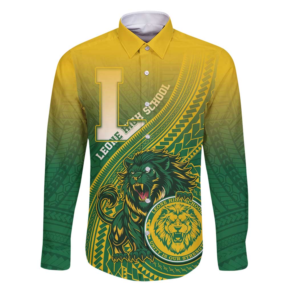 Personalized Leone High School Family Matching Mermaid Dress and Hawaiian Shirt Leone Lion LT05 Dad's Shirt - Long Sleeve Green - Polynesian Pride