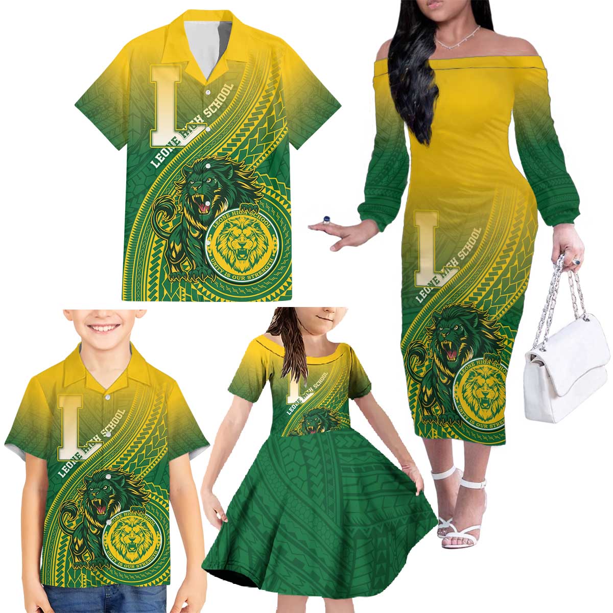 Personalized Leone High School Family Matching Off The Shoulder Long Sleeve Dress and Hawaiian Shirt Leone Lion LT05 - Polynesian Pride