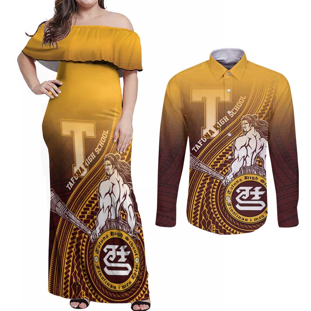Personalized Tafuna High School Couples Matching Off Shoulder Maxi Dress and Long Sleeve Button Shirt Polynesian Warrior LT05 Maroon - Polynesian Pride