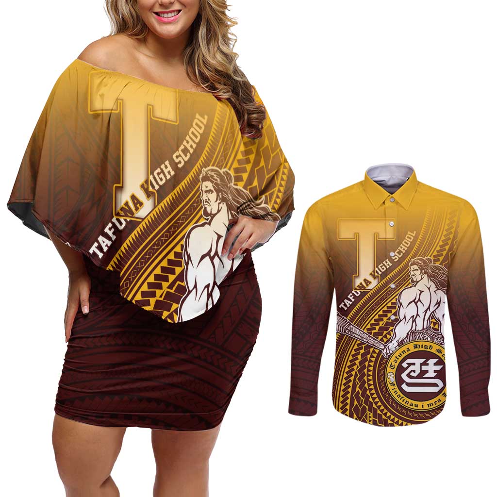 Personalized Tafuna High School Couples Matching Off Shoulder Short Dress and Long Sleeve Button Shirt Polynesian Warrior LT05 Maroon - Polynesian Pride