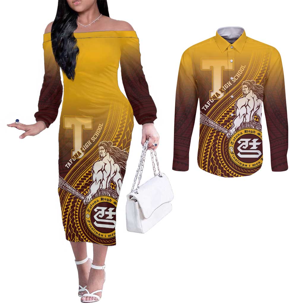 Personalized Tafuna High School Couples Matching Off The Shoulder Long Sleeve Dress and Long Sleeve Button Shirt Polynesian Warrior LT05 Maroon - Polynesian Pride