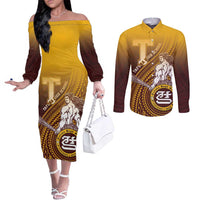 Personalized Tafuna High School Couples Matching Off The Shoulder Long Sleeve Dress and Long Sleeve Button Shirt Polynesian Warrior