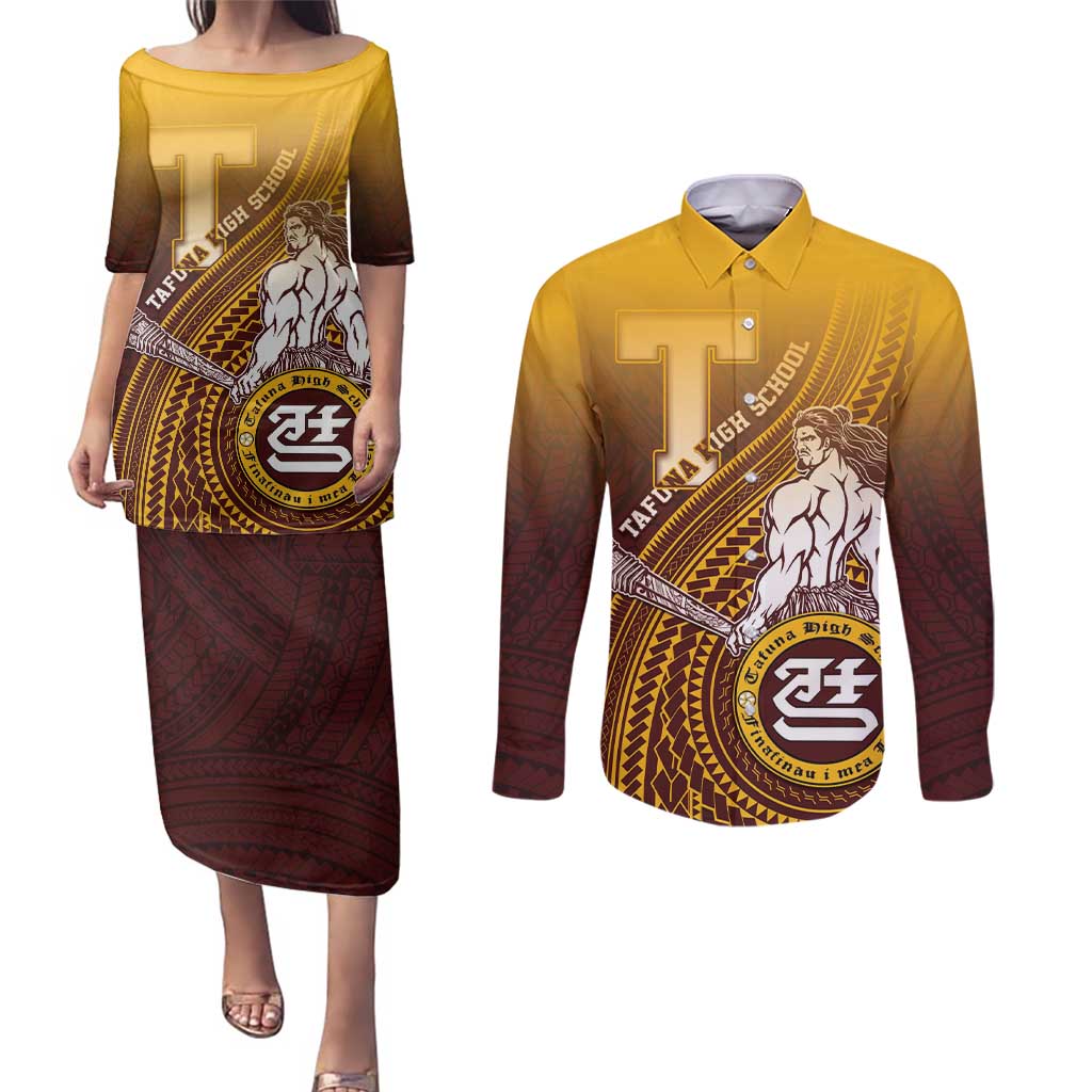 Personalized Tafuna High School Couples Matching Puletasi and Long Sleeve Button Shirt Polynesian Warrior LT05 Maroon - Polynesian Pride