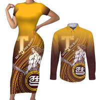 Personalized Tafuna High School Couples Matching Short Sleeve Bodycon Dress and Long Sleeve Button Shirt Polynesian Warrior