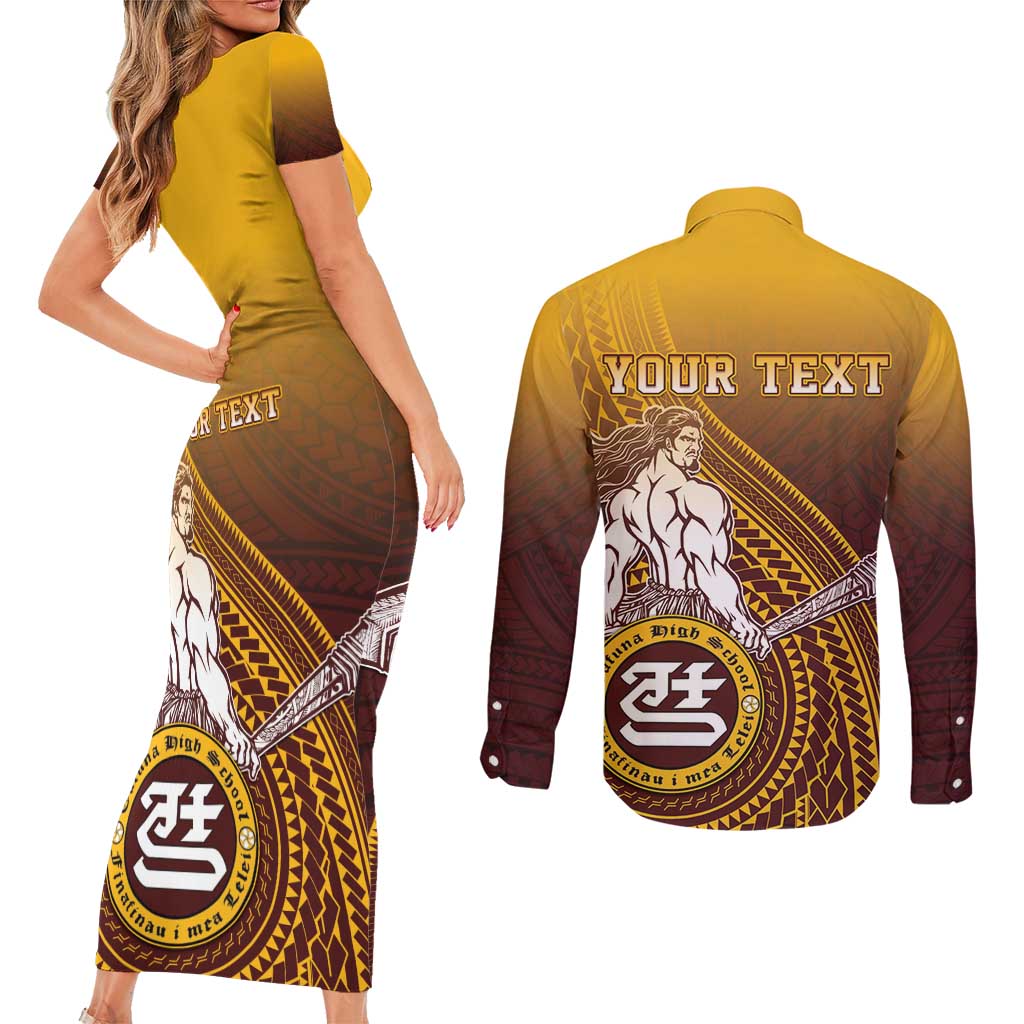 Personalized Tafuna High School Couples Matching Short Sleeve Bodycon Dress and Long Sleeve Button Shirt Polynesian Warrior