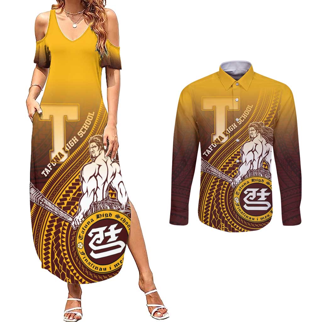 Personalized Tafuna High School Couples Matching Summer Maxi Dress and Long Sleeve Button Shirt Polynesian Warrior LT05 Maroon - Polynesian Pride