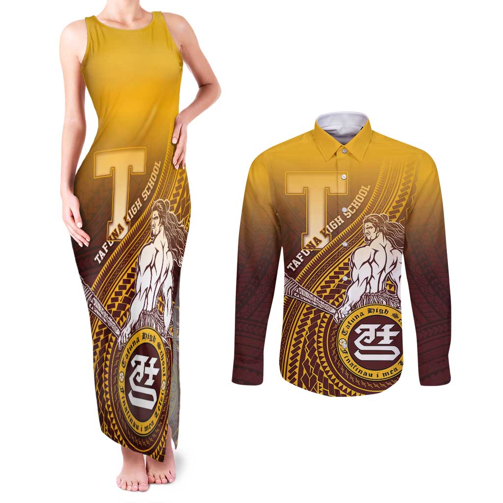 Personalized Tafuna High School Couples Matching Tank Maxi Dress and Long Sleeve Button Shirt Polynesian Warrior LT05 Maroon - Polynesian Pride