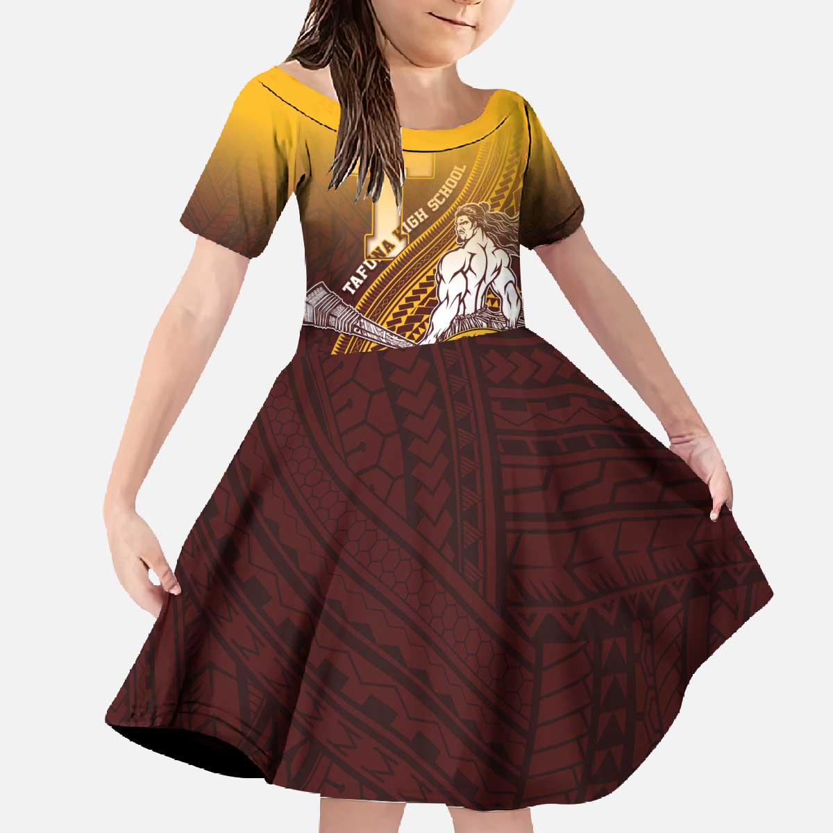 Personalized Tafuna High School Family Matching Off The Shoulder Long Sleeve Dress and Hawaiian Shirt Polynesian Warrior LT05 Daughter's Dress Maroon - Polynesian Pride