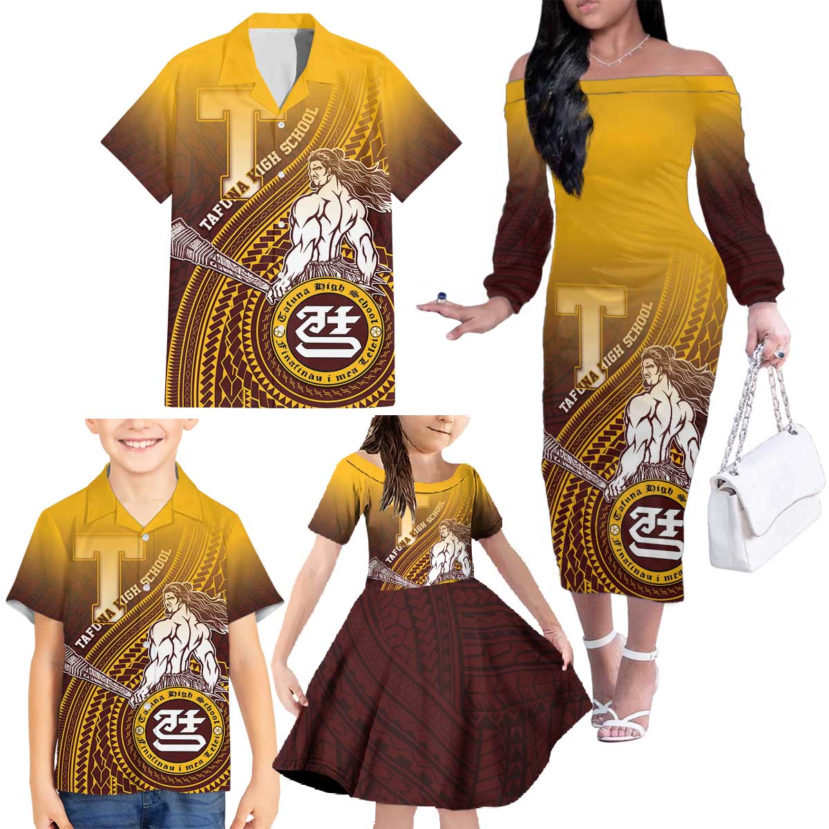 Personalized Tafuna High School Family Matching Off The Shoulder Long Sleeve Dress and Hawaiian Shirt Polynesian Warrior LT05 - Polynesian Pride
