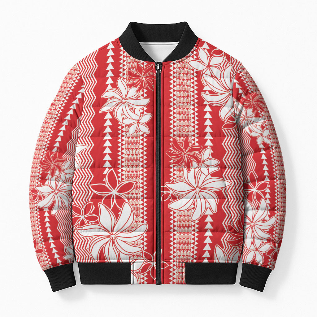Hawaii Kakau Tribal Bomber Puffer Jacket With Red Tiare