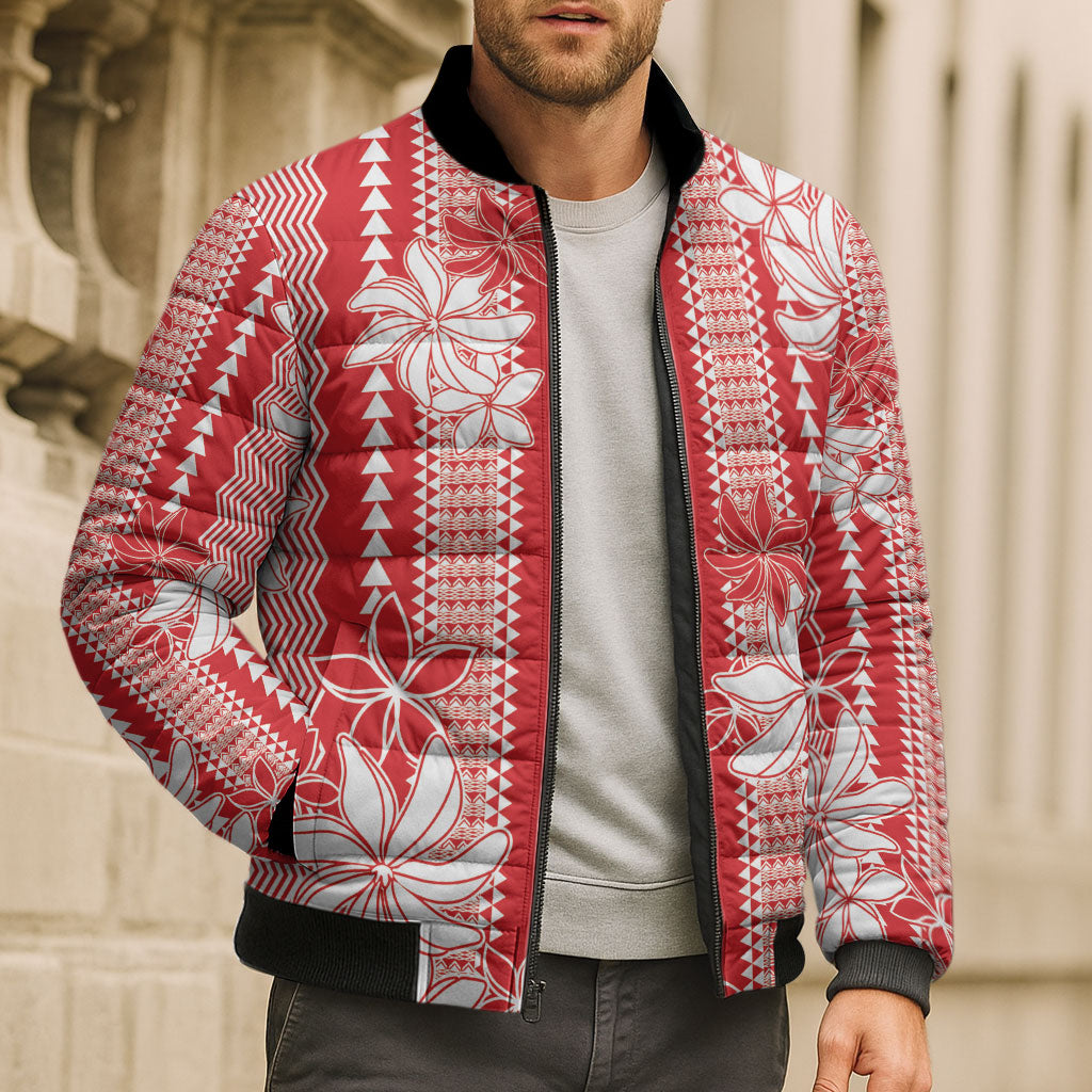 Hawaii Kakau Tribal Bomber Puffer Jacket With Red Tiare