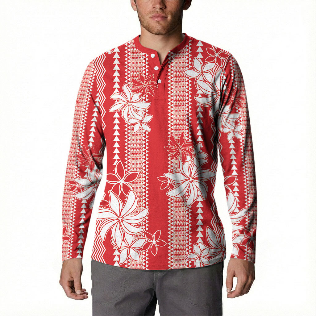 Hawaii Kakau Tribal Button Sweatshirt With Red Tiare