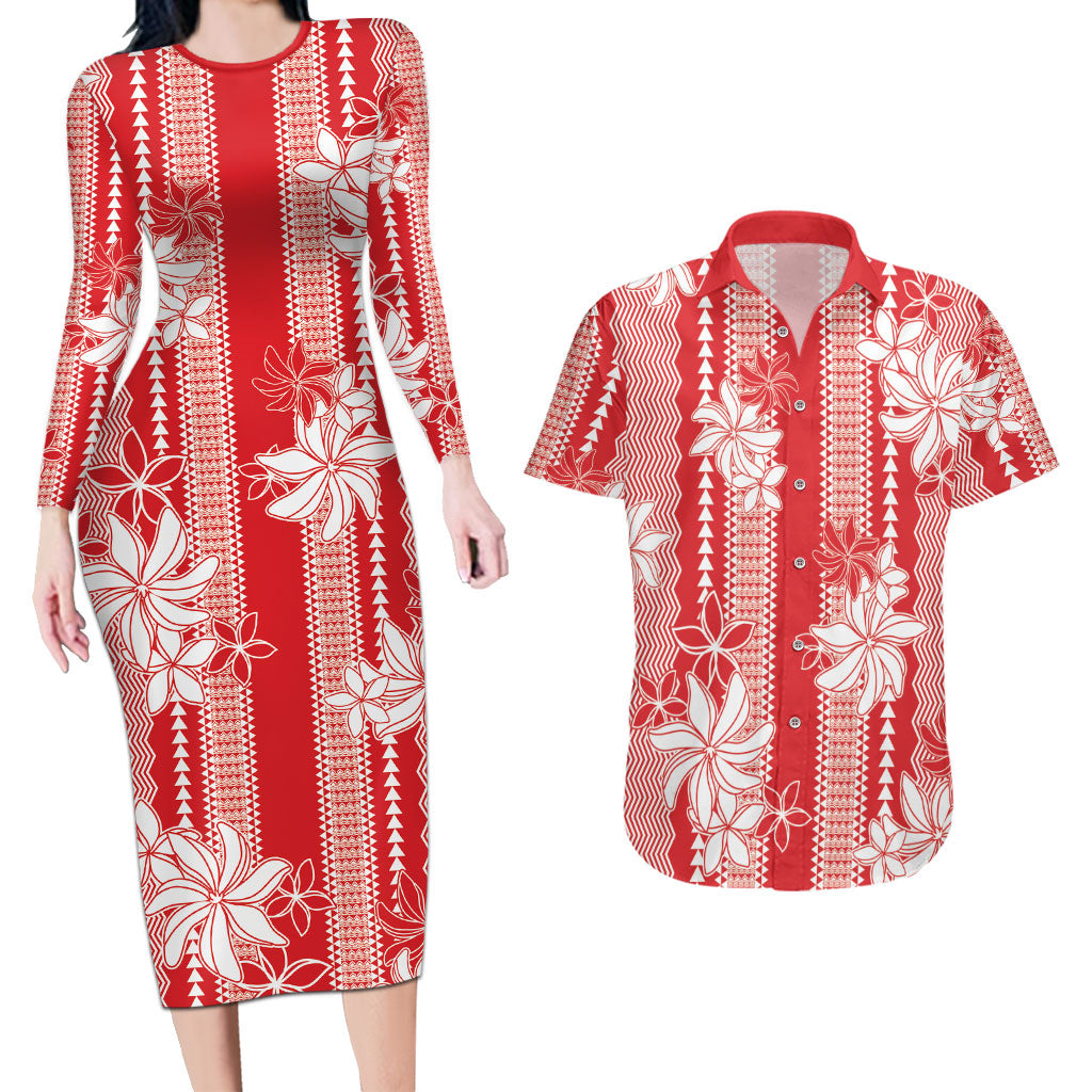 Hawaii Kakau Tribal Couples Matching Long Sleeve Bodycon Dress and Hawaiian Shirt With Red Tiare LT05 Red - Polynesian Pride