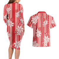 Hawaii Kakau Tribal Couples Matching Long Sleeve Bodycon Dress and Hawaiian Shirt With Red Tiare LT05 - Polynesian Pride