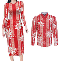 Hawaii Kakau Tribal Couples Matching Long Sleeve Bodycon Dress and Long Sleeve Button Shirt With Red Tiare LT05 Red - Polynesian Pride