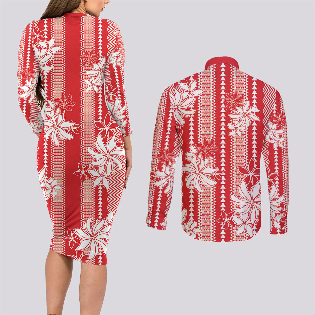 Hawaii Kakau Tribal Couples Matching Long Sleeve Bodycon Dress and Long Sleeve Button Shirt With Red Tiare LT05 - Polynesian Pride