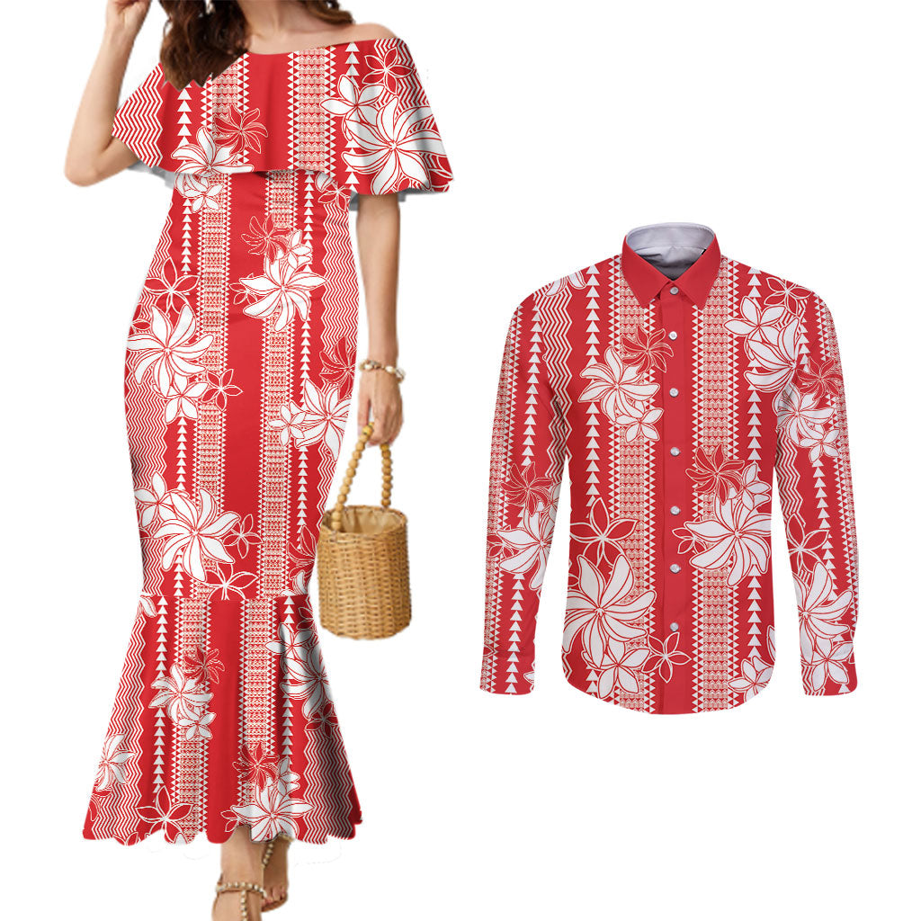 Hawaii Kakau Tribal Couples Matching Mermaid Dress and Long Sleeve Button Shirt With Red Tiare LT05 Red - Polynesian Pride