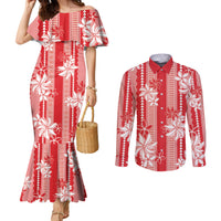 Hawaii Kakau Tribal Couples Matching Mermaid Dress and Long Sleeve Button Shirt With Red Tiare LT05 Red - Polynesian Pride