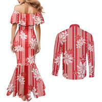 Hawaii Kakau Tribal Couples Matching Mermaid Dress and Long Sleeve Button Shirt With Red Tiare LT05 - Polynesian Pride