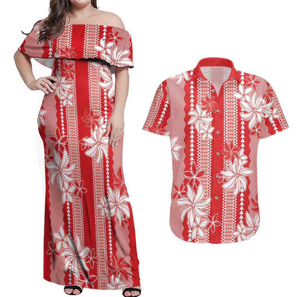 Hawaii Kakau Tribal Couples Matching Off Shoulder Maxi Dress and Hawaiian Shirt With Red Tiare LT05 Red - Polynesian Pride
