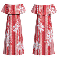 Hawaii Kakau Tribal Couples Matching Off Shoulder Maxi Dress and Long Sleeve Button Shirt With Red Tiare LT05 - Polynesian Pride