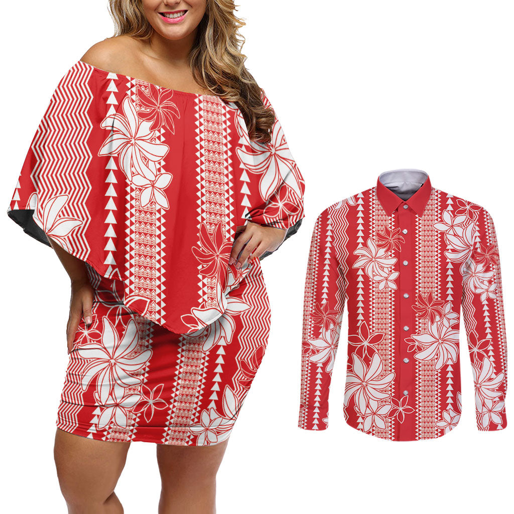 Hawaii Kakau Tribal Couples Matching Off Shoulder Short Dress and Long Sleeve Button Shirt With Red Tiare LT05 Red - Polynesian Pride