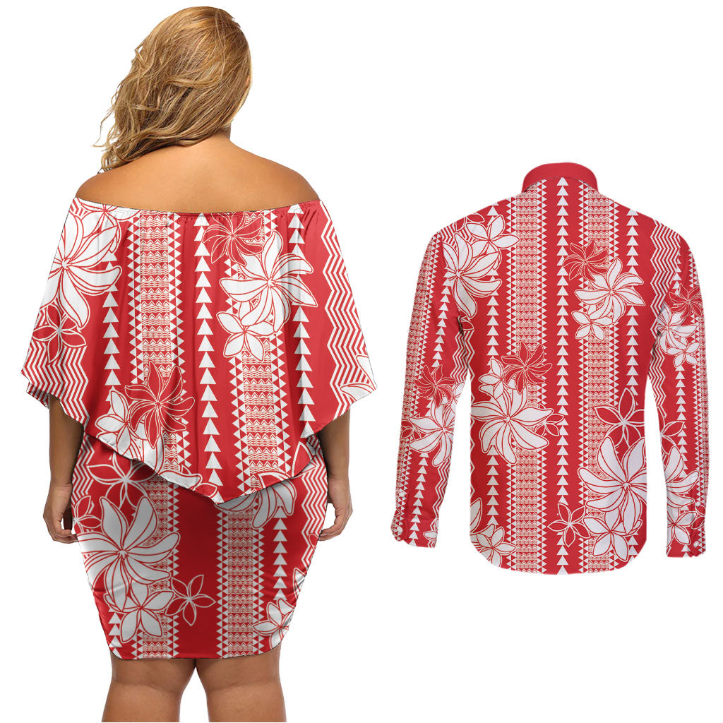 Hawaii Kakau Tribal Couples Matching Off Shoulder Short Dress and Long Sleeve Button Shirt With Red Tiare LT05 - Polynesian Pride