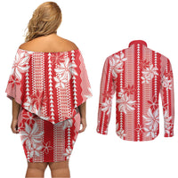 Hawaii Kakau Tribal Couples Matching Off Shoulder Short Dress and Long Sleeve Button Shirt With Red Tiare LT05 - Polynesian Pride