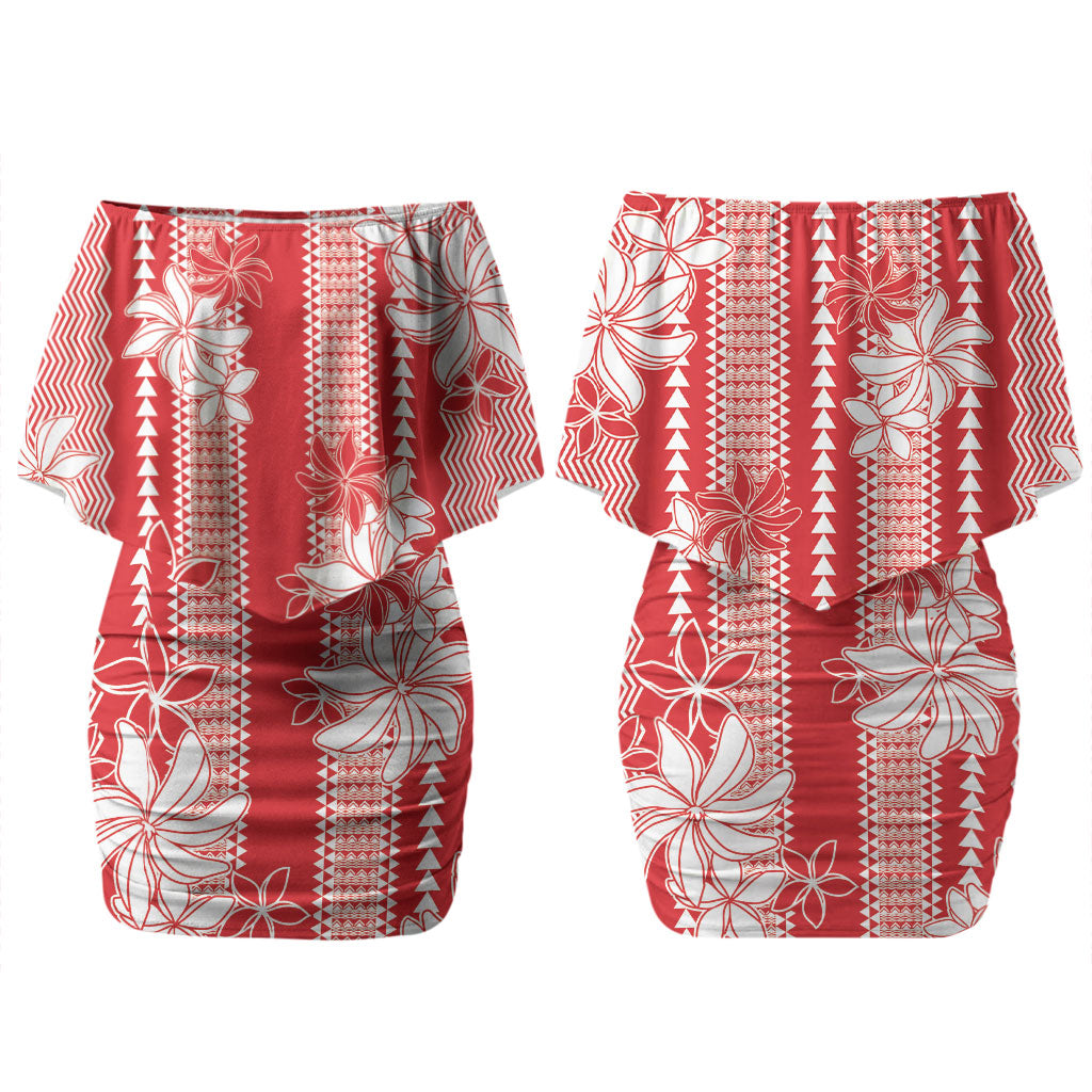 Hawaii Kakau Tribal Couples Matching Off Shoulder Short Dress and Long Sleeve Button Shirt With Red Tiare LT05 - Polynesian Pride