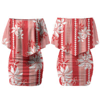 Hawaii Kakau Tribal Couples Matching Off Shoulder Short Dress and Long Sleeve Button Shirt With Red Tiare LT05 - Polynesian Pride