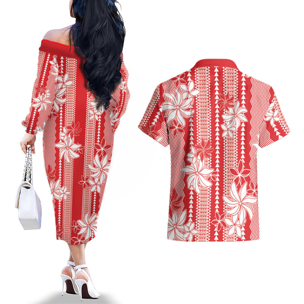 Hawaii Kakau Tribal Couples Matching Off The Shoulder Long Sleeve Dress and Hawaiian Shirt With Red Tiare LT05 - Polynesian Pride