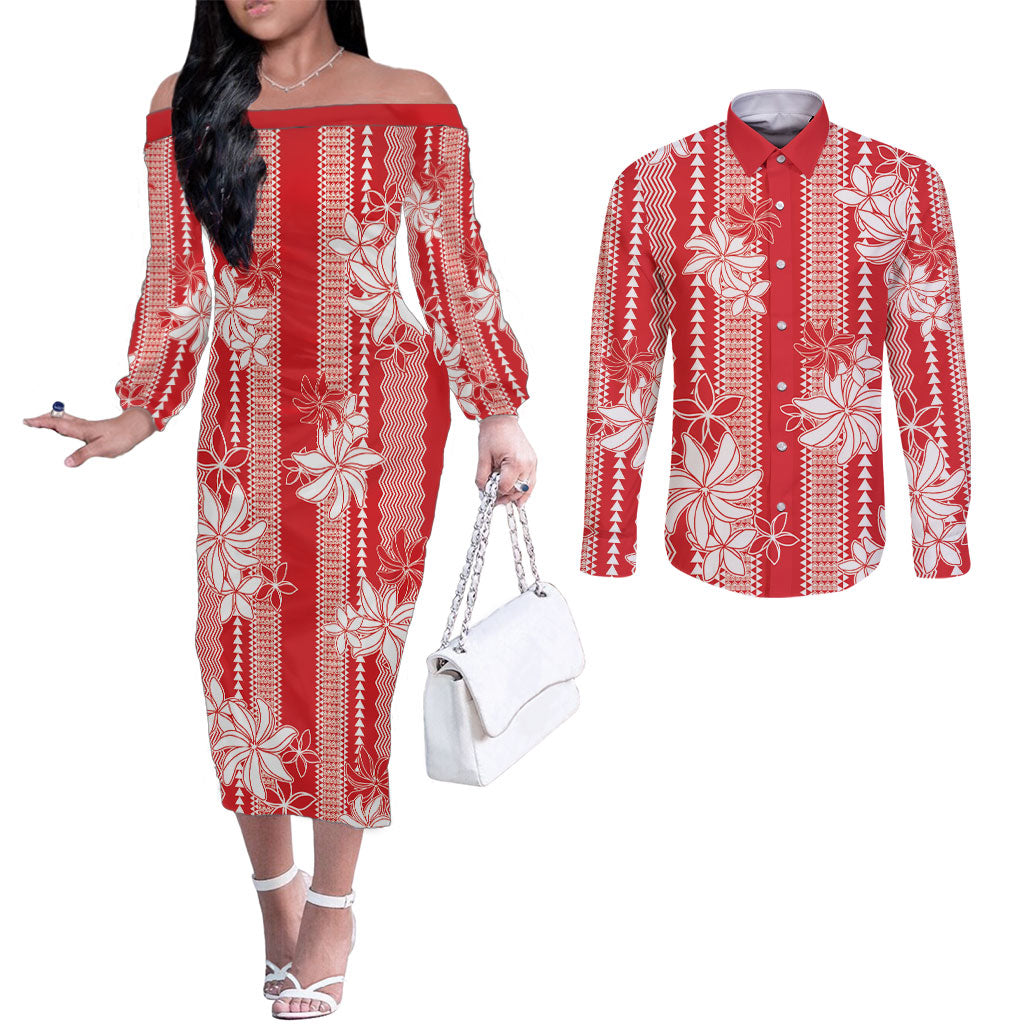 Hawaii Kakau Tribal Couples Matching Off The Shoulder Long Sleeve Dress and Long Sleeve Button Shirt With Red Tiare