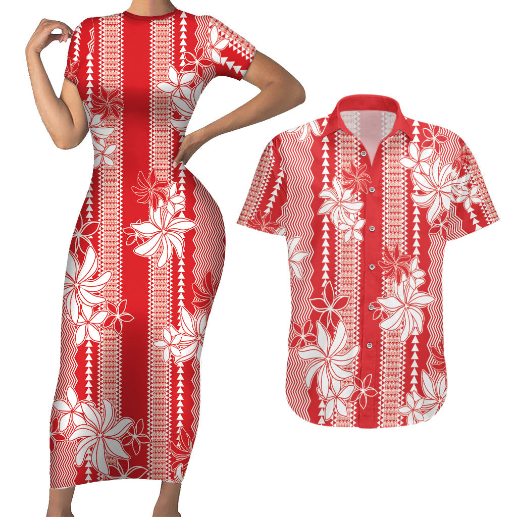 Hawaii Kakau Tribal Couples Matching Short Sleeve Bodycon Dress and Hawaiian Shirt With Red Tiare