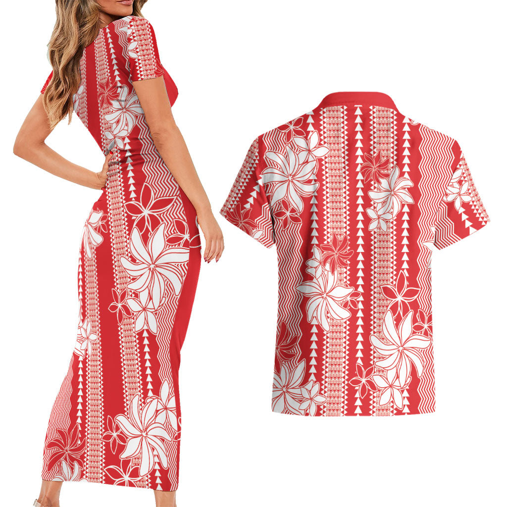 Hawaii Kakau Tribal Couples Matching Short Sleeve Bodycon Dress and Hawaiian Shirt With Red Tiare LT05 - Polynesian Pride