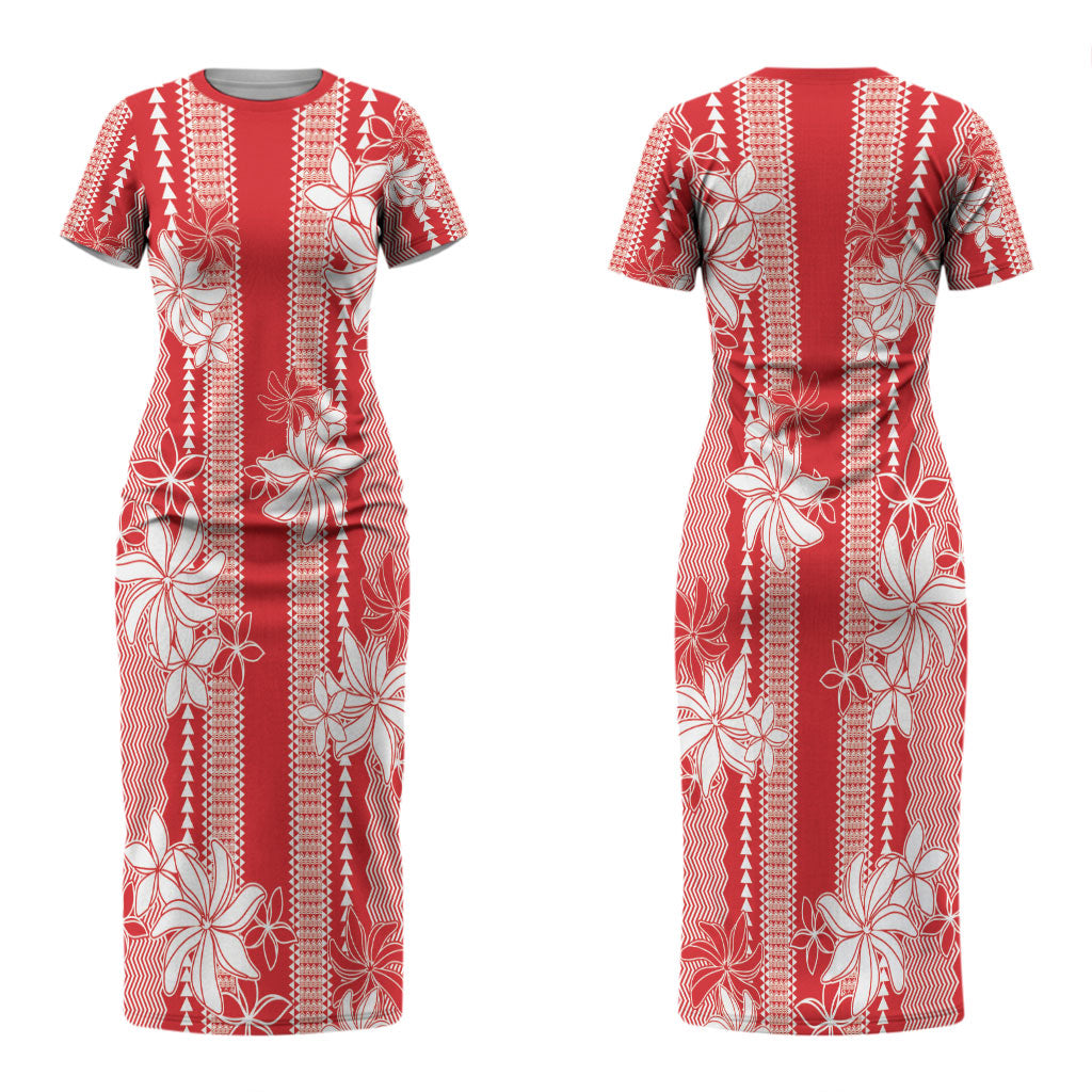 Hawaii Kakau Tribal Couples Matching Short Sleeve Bodycon Dress and Hawaiian Shirt With Red Tiare LT05 - Polynesian Pride