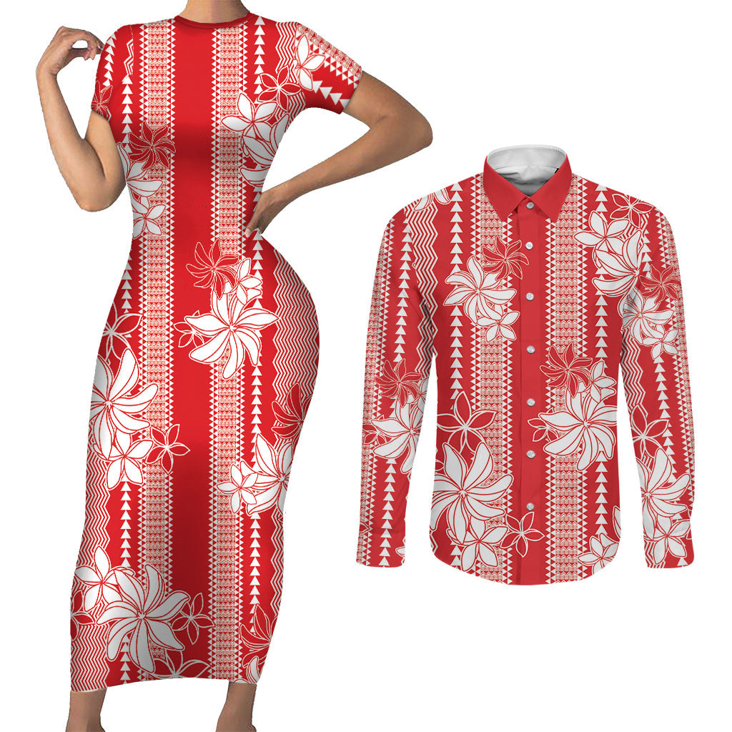 Hawaii Kakau Tribal Couples Matching Short Sleeve Bodycon Dress and Long Sleeve Button Shirt With Red Tiare LT05 Red - Polynesian Pride