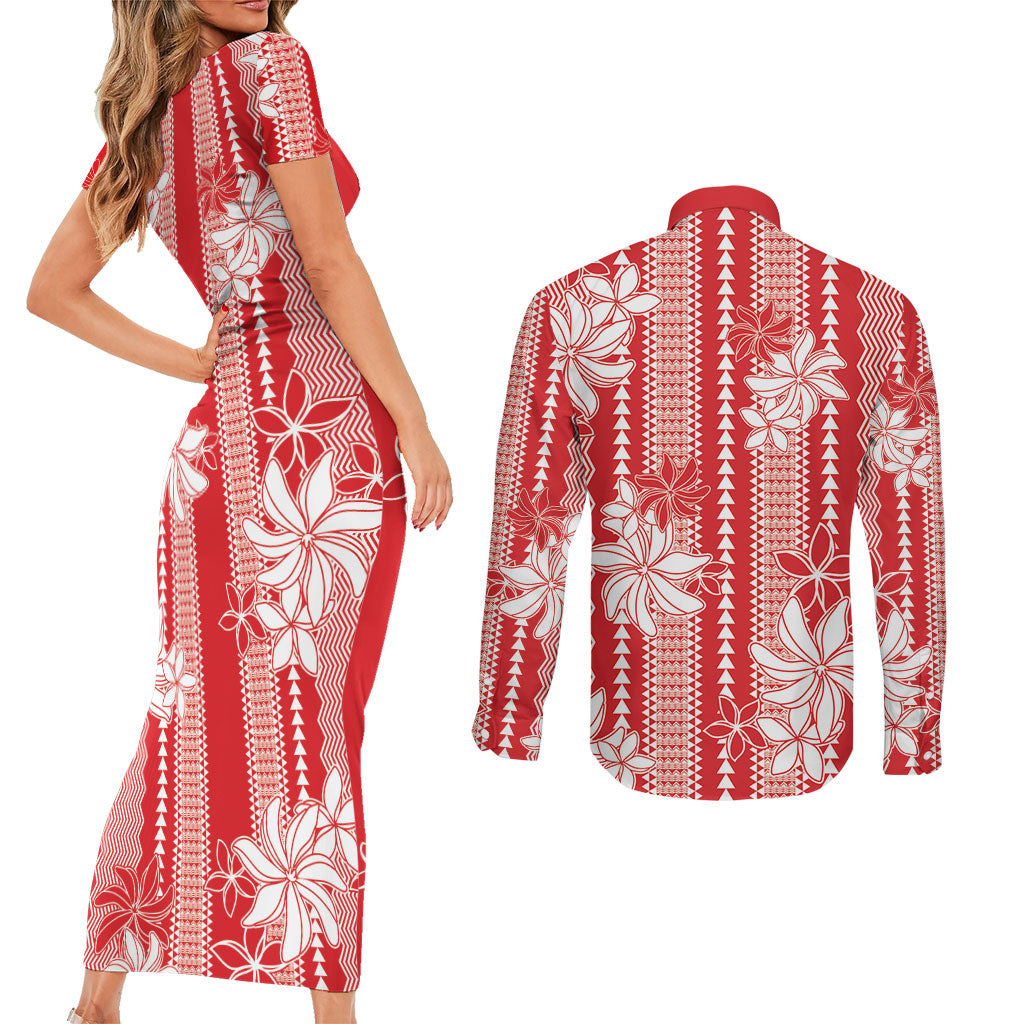 Hawaii Kakau Tribal Couples Matching Short Sleeve Bodycon Dress and Long Sleeve Button Shirt With Red Tiare LT05 - Polynesian Pride