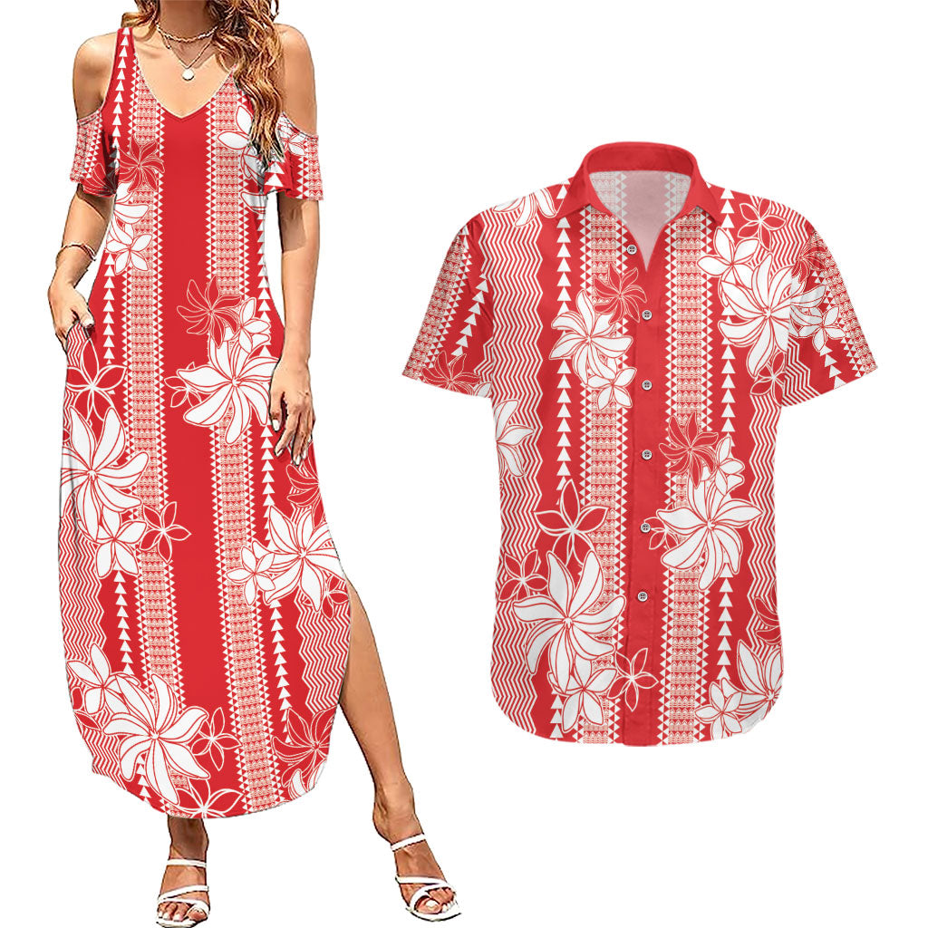 Hawaii Kakau Tribal Couples Matching Summer Maxi Dress and Hawaiian Shirt With Red Tiare LT05 Red - Polynesian Pride