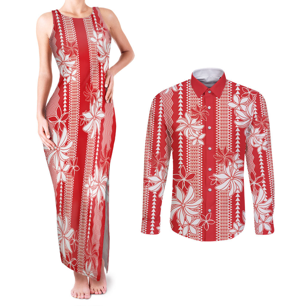 Hawaii Kakau Tribal Couples Matching Tank Maxi Dress and Long Sleeve Button Shirt With Red Tiare LT05 Red - Polynesian Pride